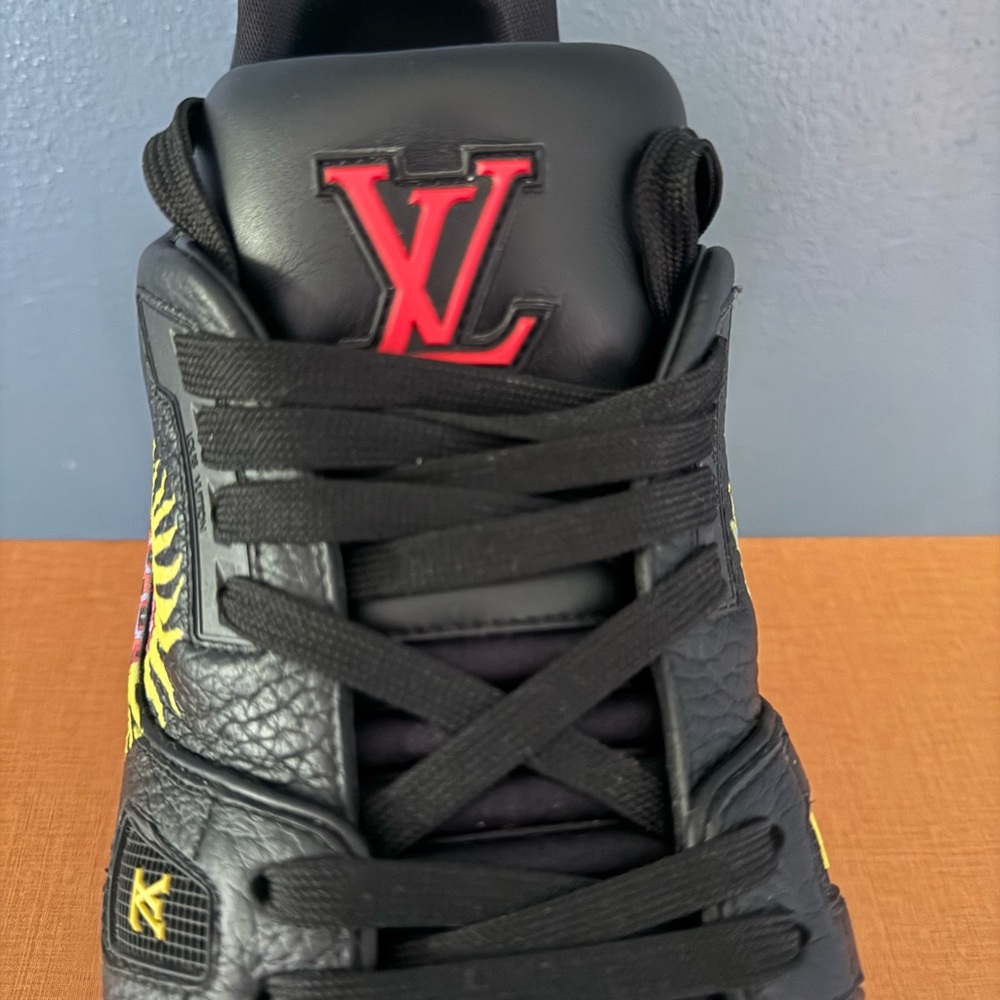 Louis Vuitton Black Leather Sneaker with Red LV Logo and Multicolor Sun Motif - Picture 3 of 9